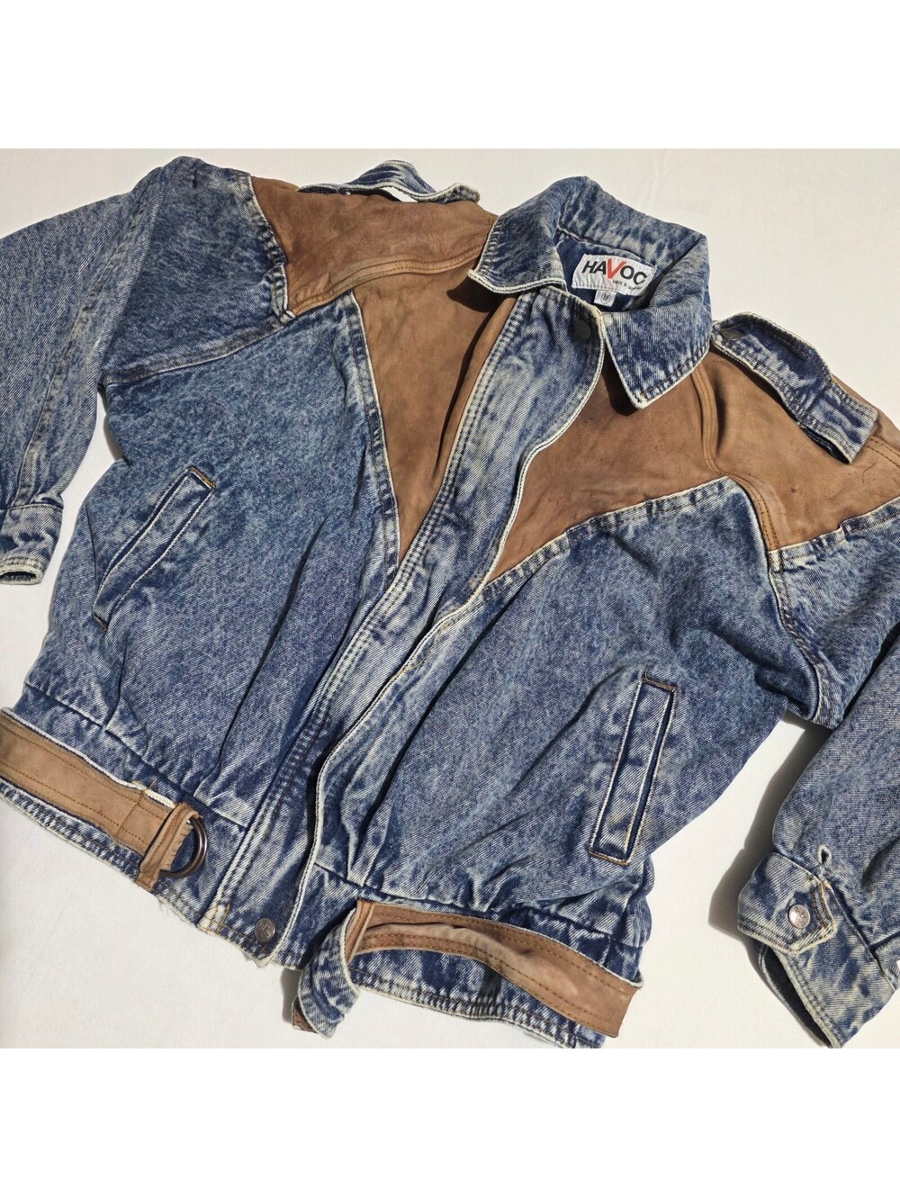 Vintage 80s Havoc Acid Wash Denim Leather Bomber Jacket Western Biker Medium